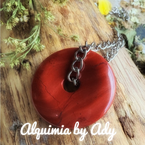 HUGE RED JASPER DISC CUBAN CHAIN SHORT STATEMENT SILVER NECKLACE - Picture 2 of 2